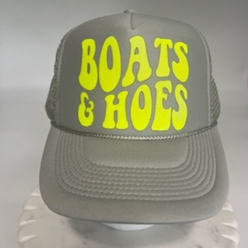 Nissun Boats & Hoes Grey Neon Yellow Mesh Trucker Hat Step Brothers Hat NWOT